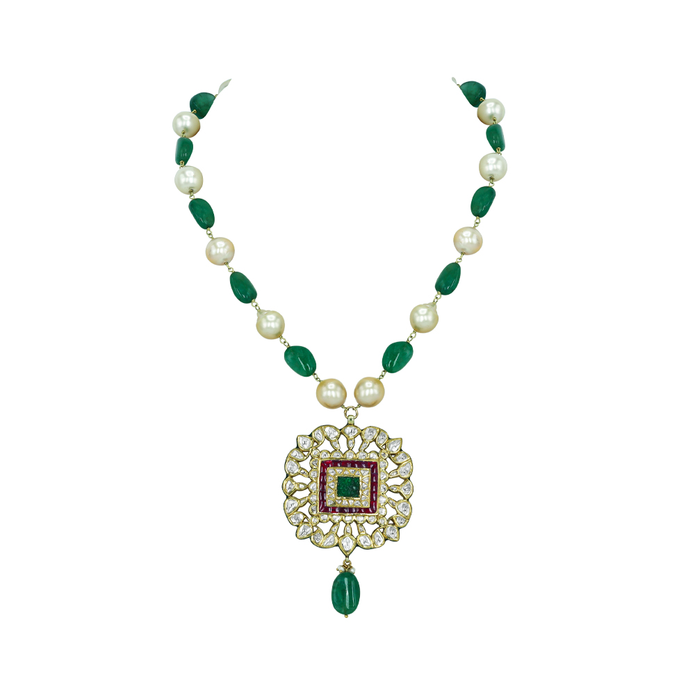 Emerald and Ruby Pendant Necklace with Polkis and Pearl Beads